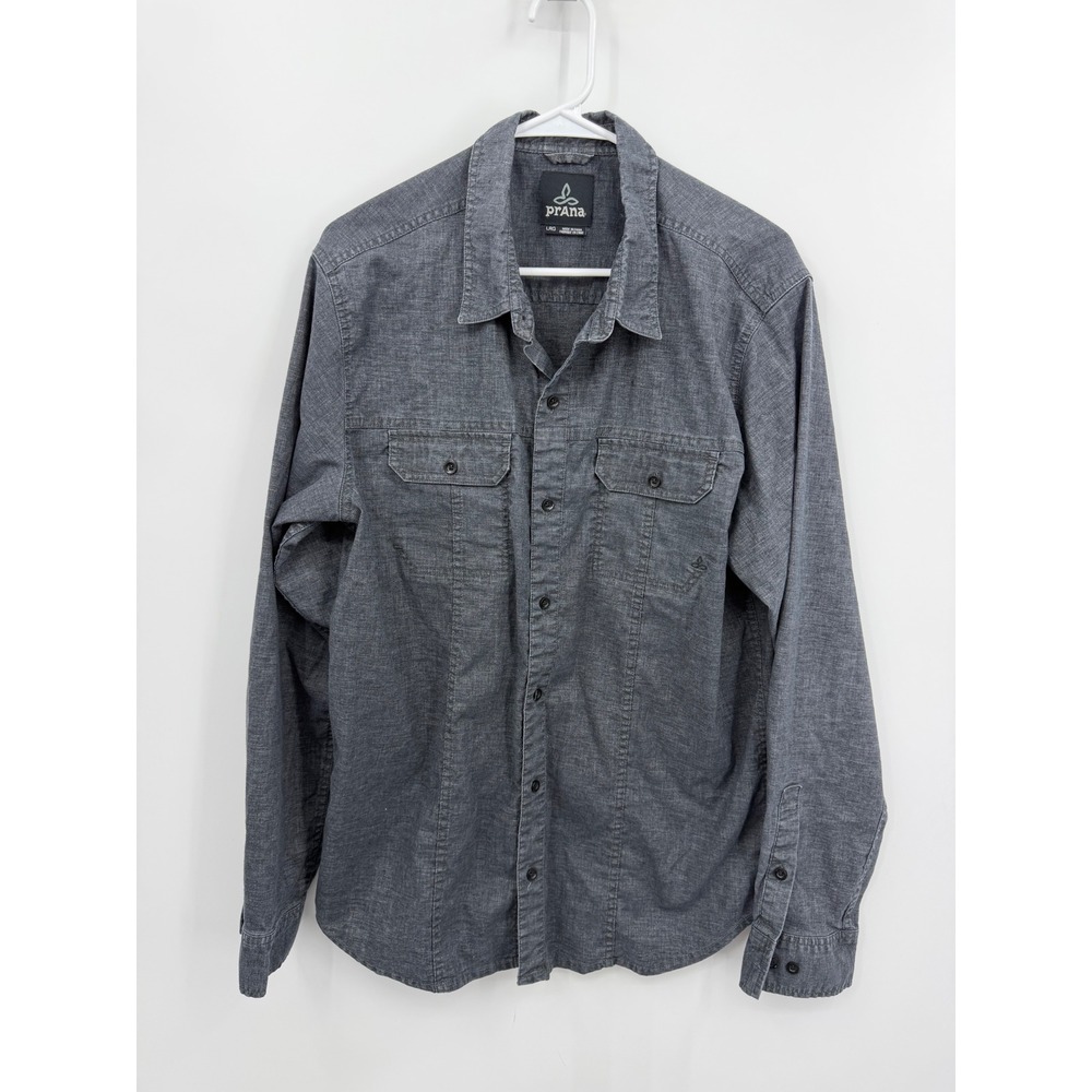 Prana Breathe Button Down Shirt Mens Large Gray Hemp Blend Long Sleeve Pocket